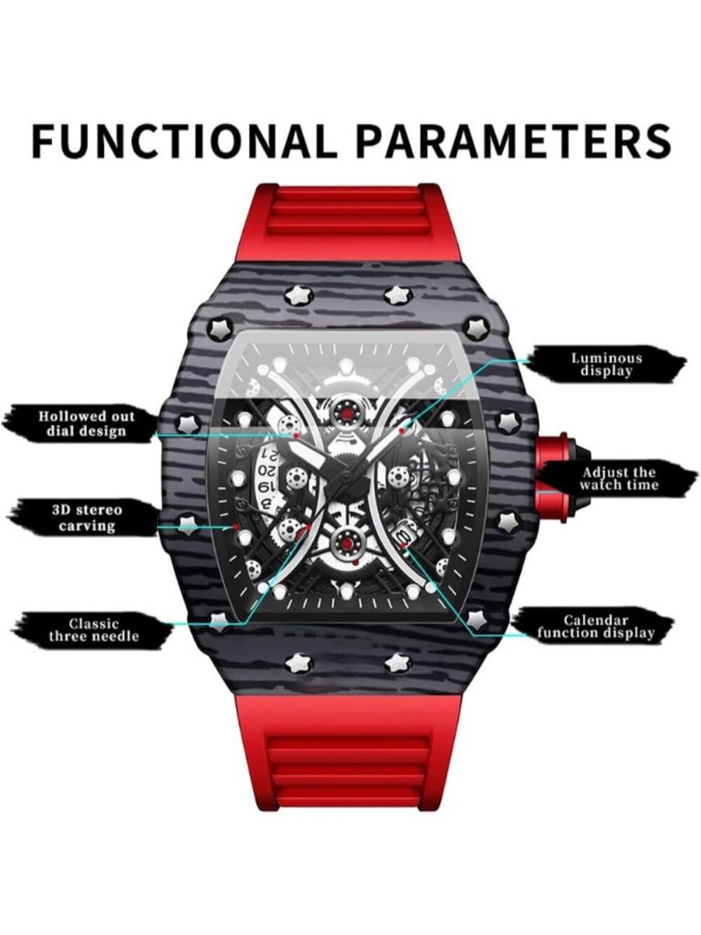 Men's Red Black Analog Quartz Silicone Strap Barrel-Shaped Skeleton Luxury Watch - Picture 6 of 6